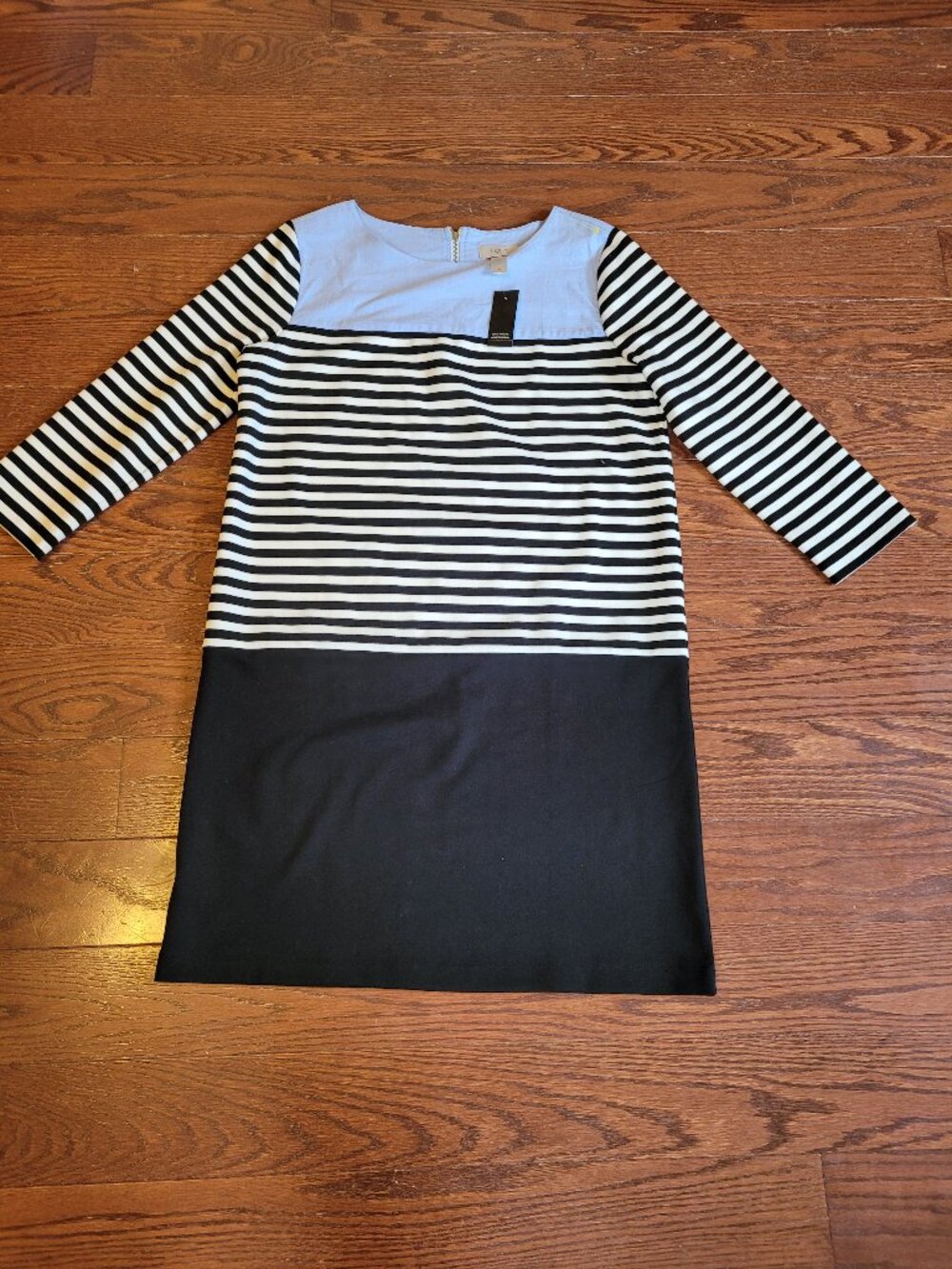 Ann Taylor Loft Color Block Blue Chambray Black White Shift Dress, SIZE M